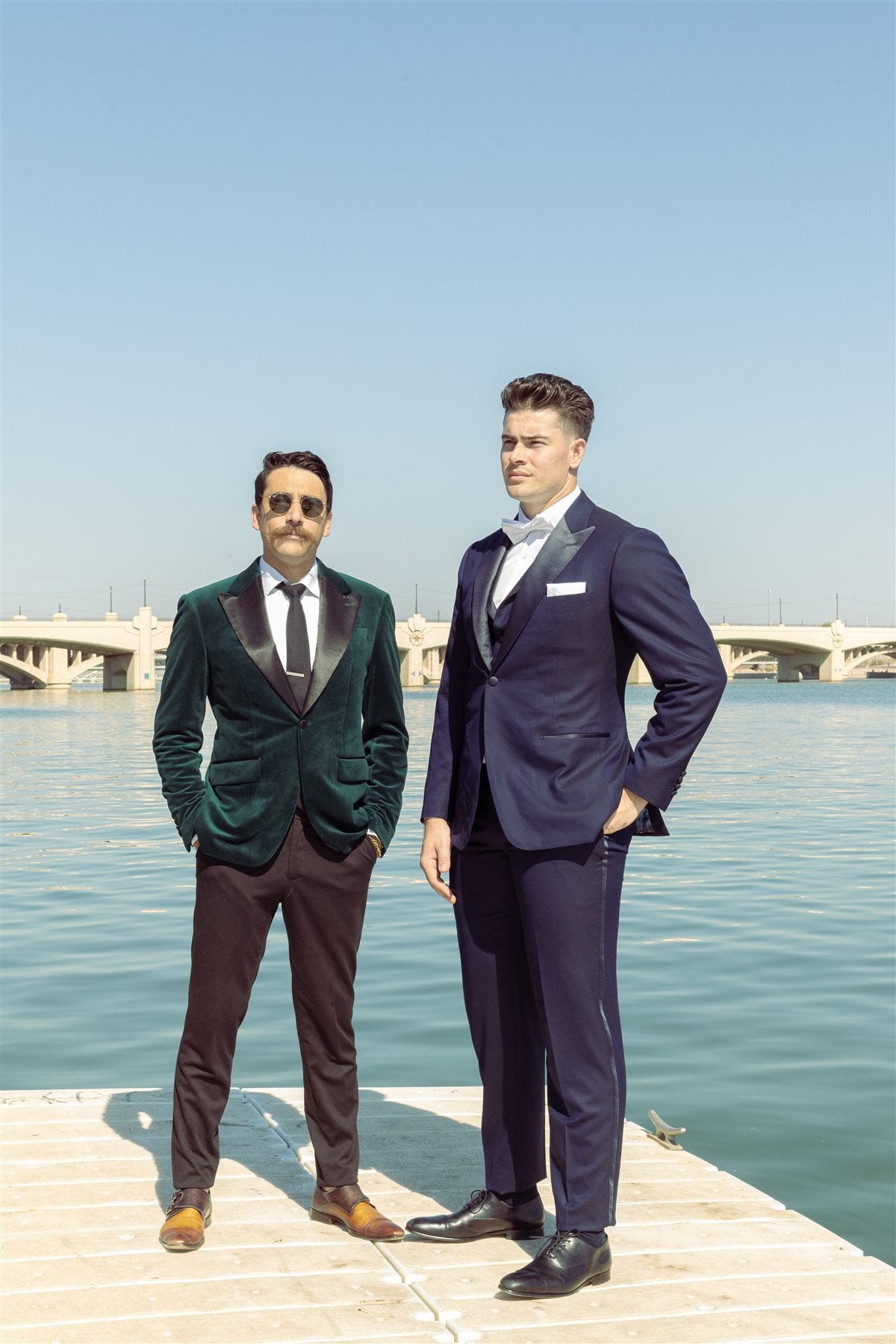 Custom tuxedos showing satin lapels and formal wedding style